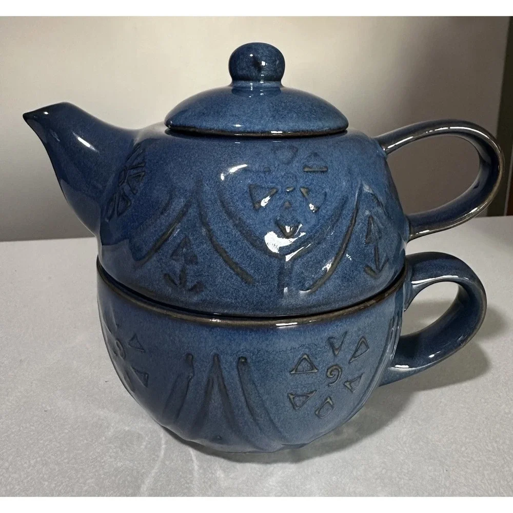 Pier 1 Blue Glazed Stoneware Teapot for One Set Cup w Lid Embossed Floral Boho